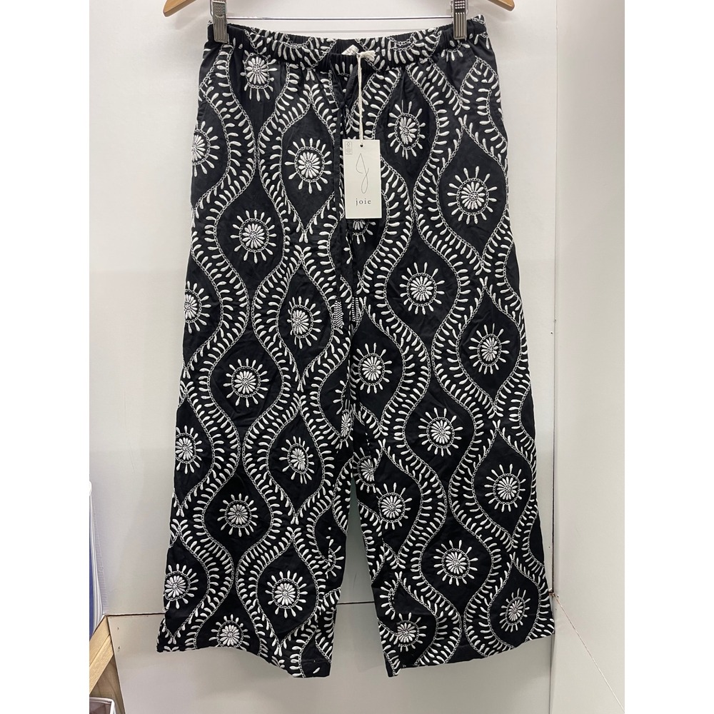 Joie Black White Embroidered Wide Leg Drawstring Pants Small NWT